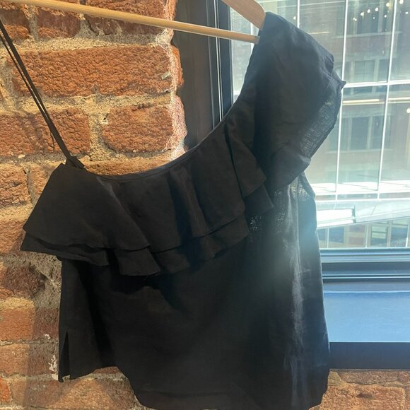 ISABEL MARANT ETOILE BLACK RUFFLE ONE SHOULDER LINEN TOP - ALTERED 40 - Picture 2 of 10
